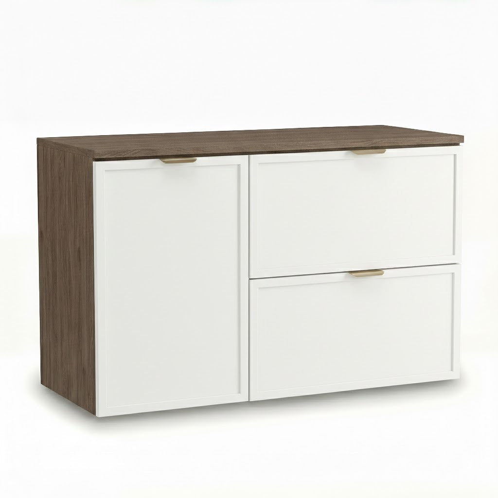 Dulap pentru lavoar 100 cm, cu cos de rufe, fronturi cu rama decorativa Roma - Alb/Nuc inchis