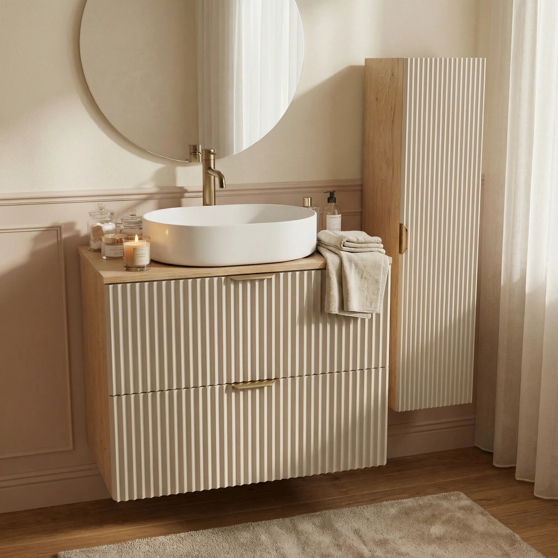 Dulap pentru lavoar 80 cm 2 sertare fronturi canelate Willy - Casmir/Nuc