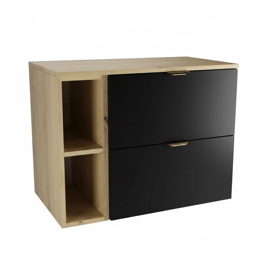 Dulap pentru lavoar 80 cm cu raft, fronturi netede Orio - Negru/Stejar artizanal