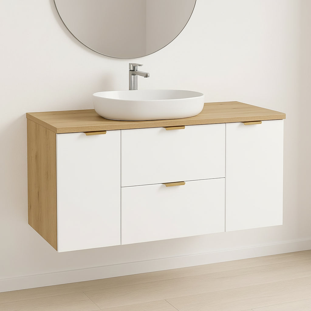 Dulap pentru lavoar 120 cm cu 2 sertare, 2 usi, fronturi netede Orio - Alb/Stejar artizanal
