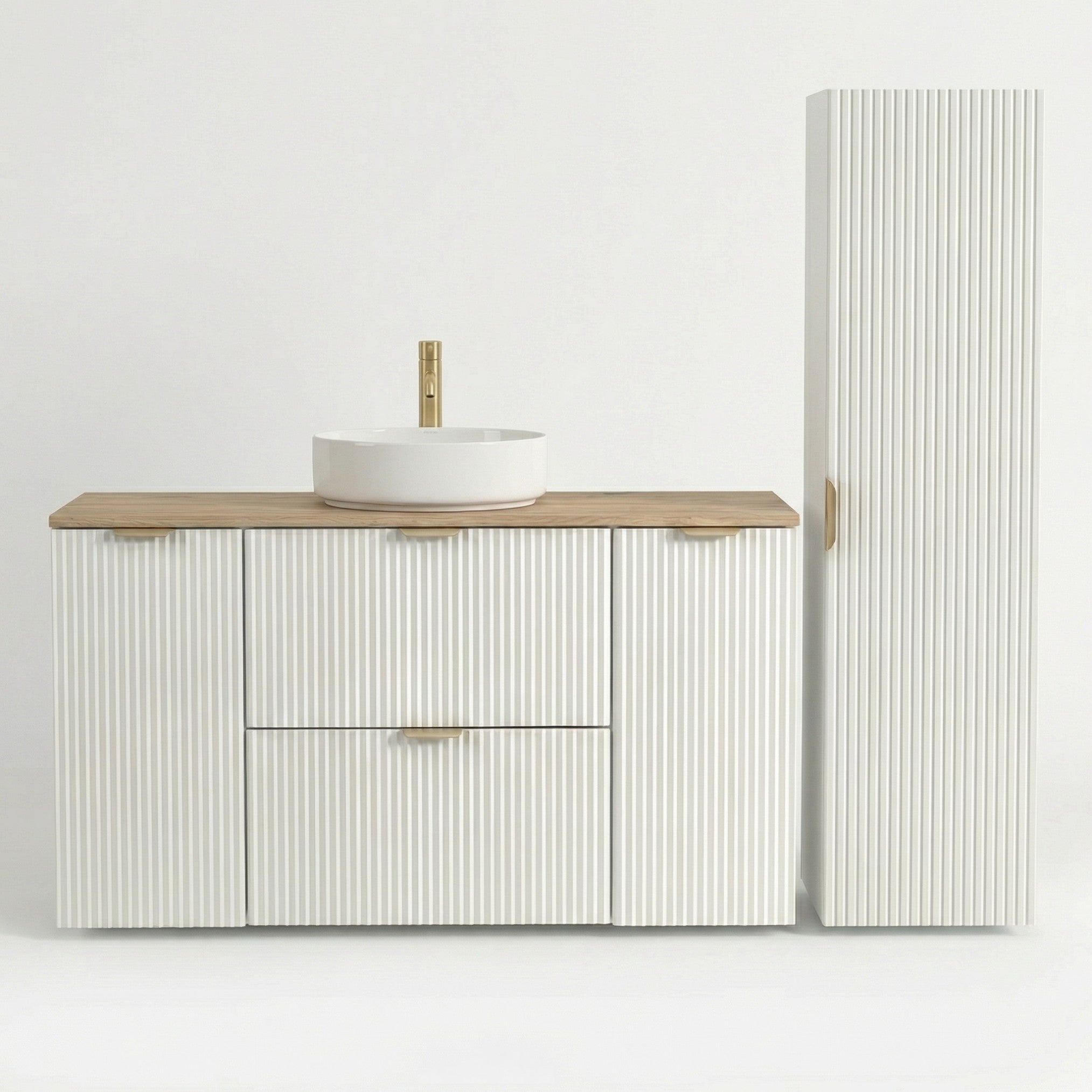 Set de mobilier: Dulap pentru lavoar 120 cm, 2 uși 2 sertare și Dulap înalt pentru baie 120 cm Willy - Alb/Nuc top
