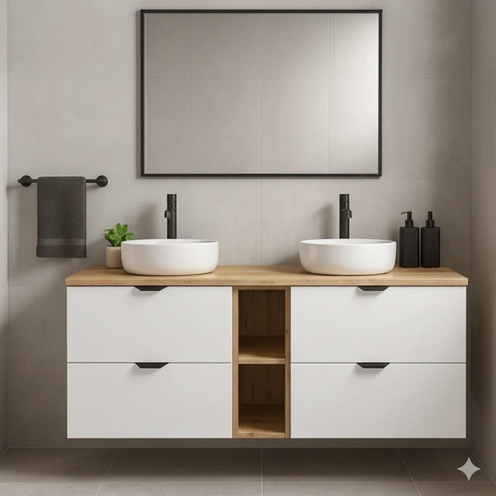 Set de mobilier: Dulap pentru lavoar cu raft 140 cm, 4 sertare Orio - Alb/Stejar Artizanal