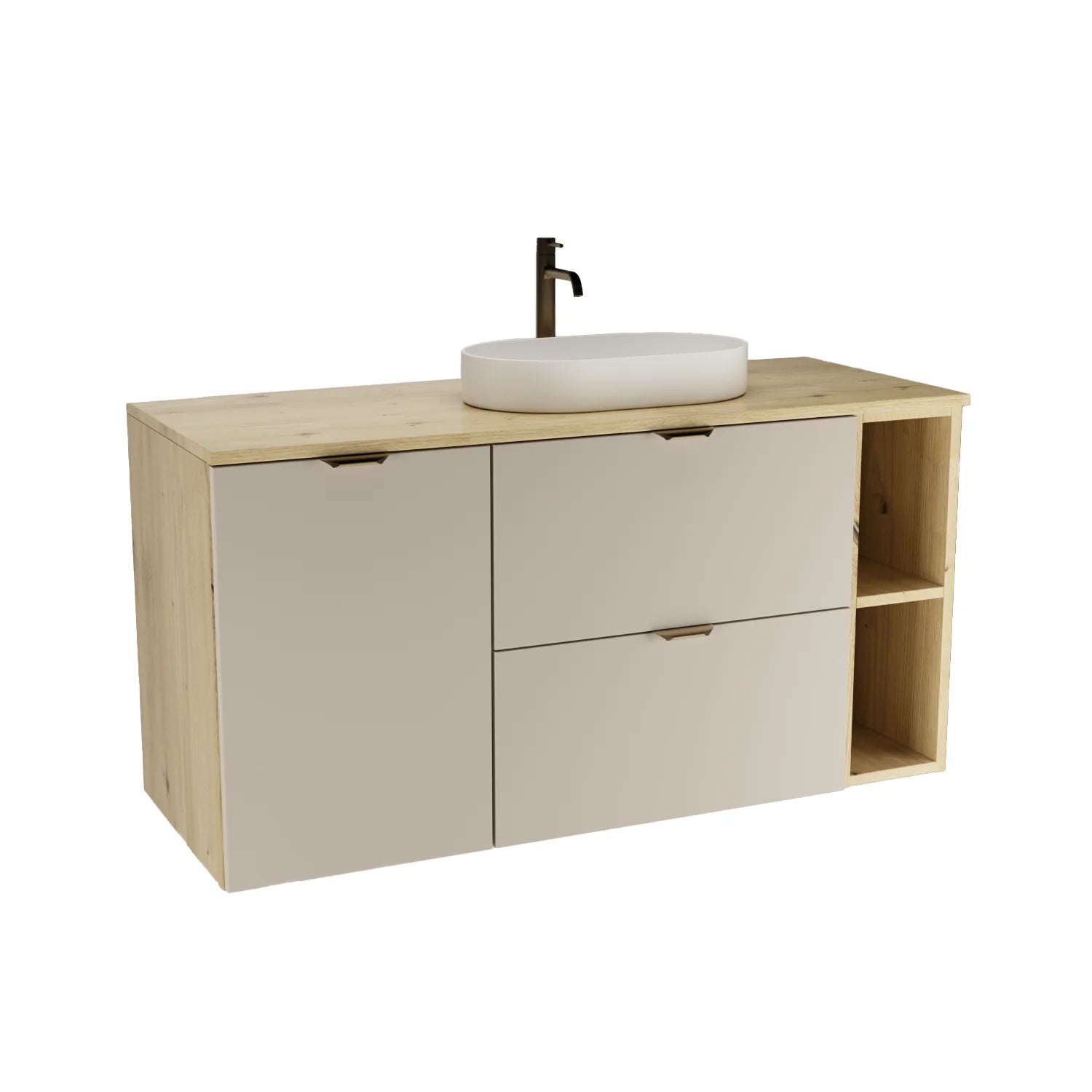 Dulap pentru lavoar 120 cm cu cos de rufe, cu raft, fronturi netede Orio - Casmir/Stejar artizanal