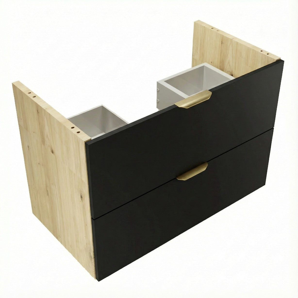 Dulap pentru lavoar 80 cm, 2 sertare, fronturi netede, fara blat Orio - Negru/Stejar artizanal