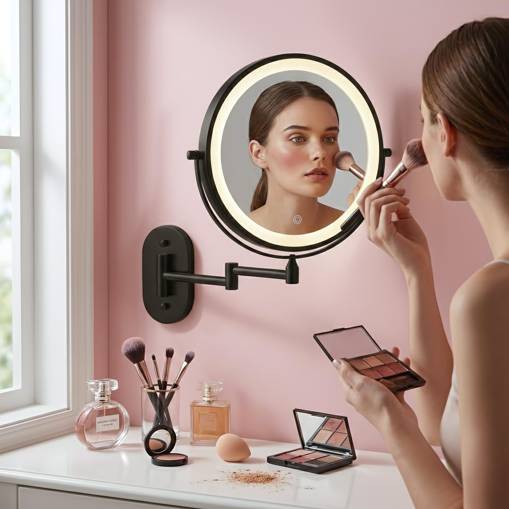 Oglindă cosmetică cu LED-uri pe ambele fețe, pentru montare pe perete - Negru