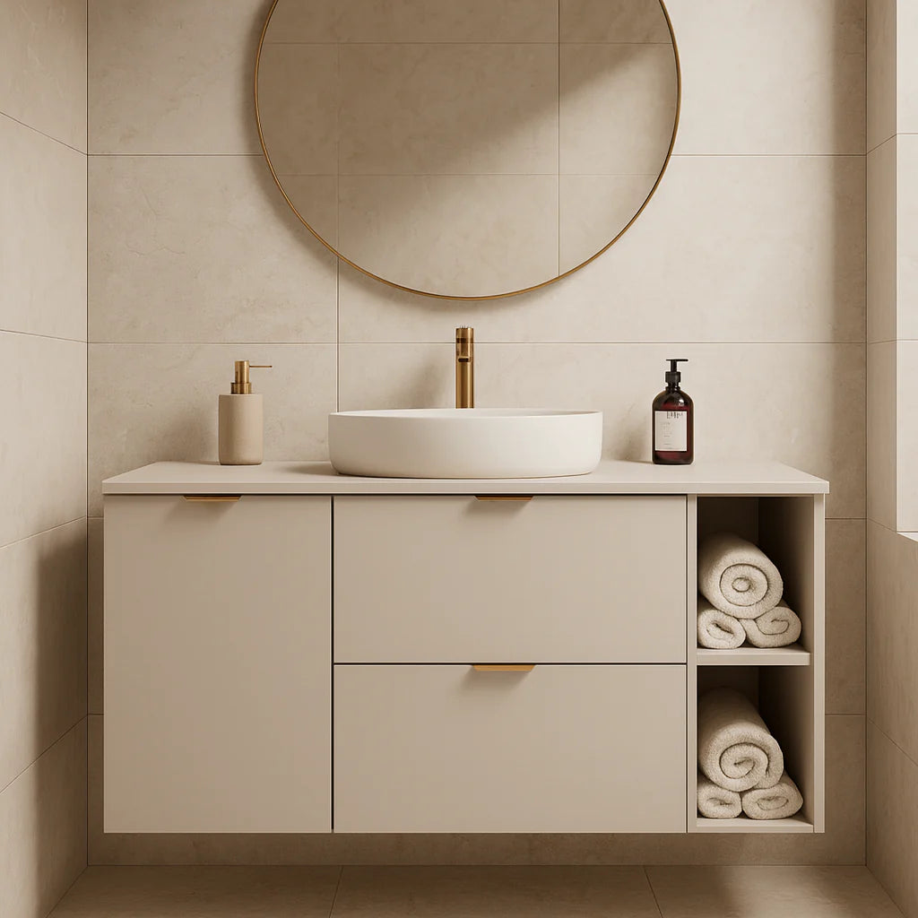 Dulap pentru lavoar 120 cm cu cos de rufe, cu raft, fronturi netede Orio - Casmir