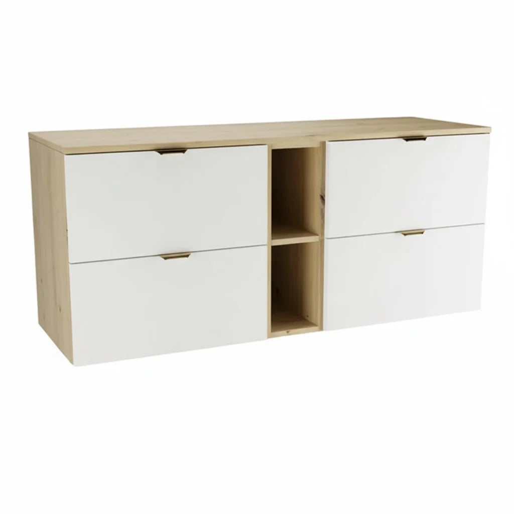 Dulap pentru lavoar 140 cm, cu raft, fronturi netede Orio - Alb/Stejar artizanal