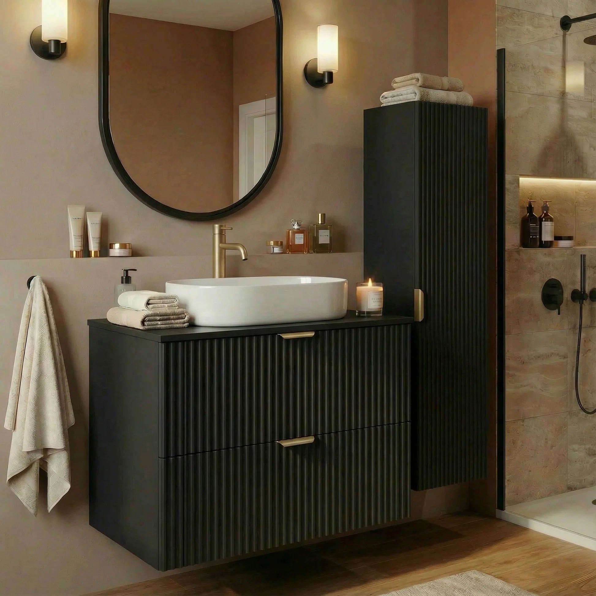 Dulap pentru lavoar 80 cm 2 sertare fronturi canelate Willy - Negru