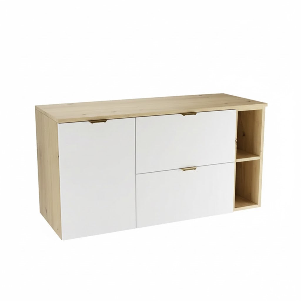 Dulap pentru lavoar 120 cm cu cos de rufe, cu raft, fronturi netede Orio - Alb/Stejar artizanal