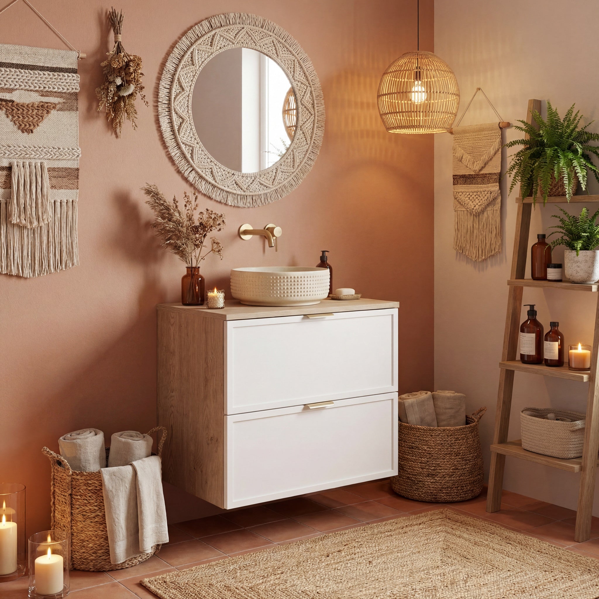 Dulap pentru lavoar 60 cm, 2 sertare, fronturi cu rama decorativa Roma - Alb/Stejar Cremona