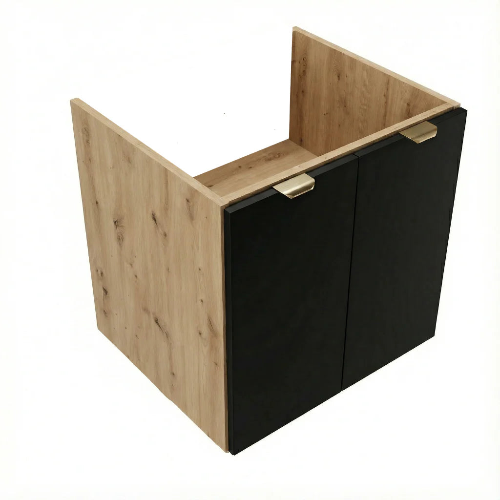 Dulap pentru lavoar 60 cm cu 2 usi, fronturi netede, fara blat Orio - Negru/Stejar artizanal