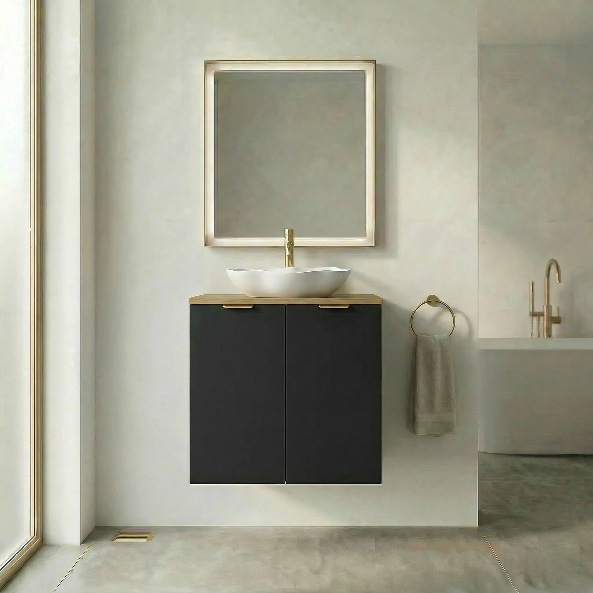 Dulap pentru lavoar 60 cm cu 2 usi, fronturi netede Orio - Negru/Stejar artizanal