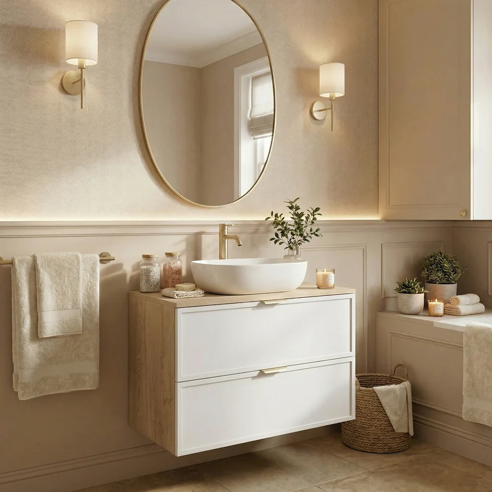 Dulap pentru lavoar 80 cm, 2 sertare, fronturi cu rama decorativa Roma - Alb/Stejar Cremona