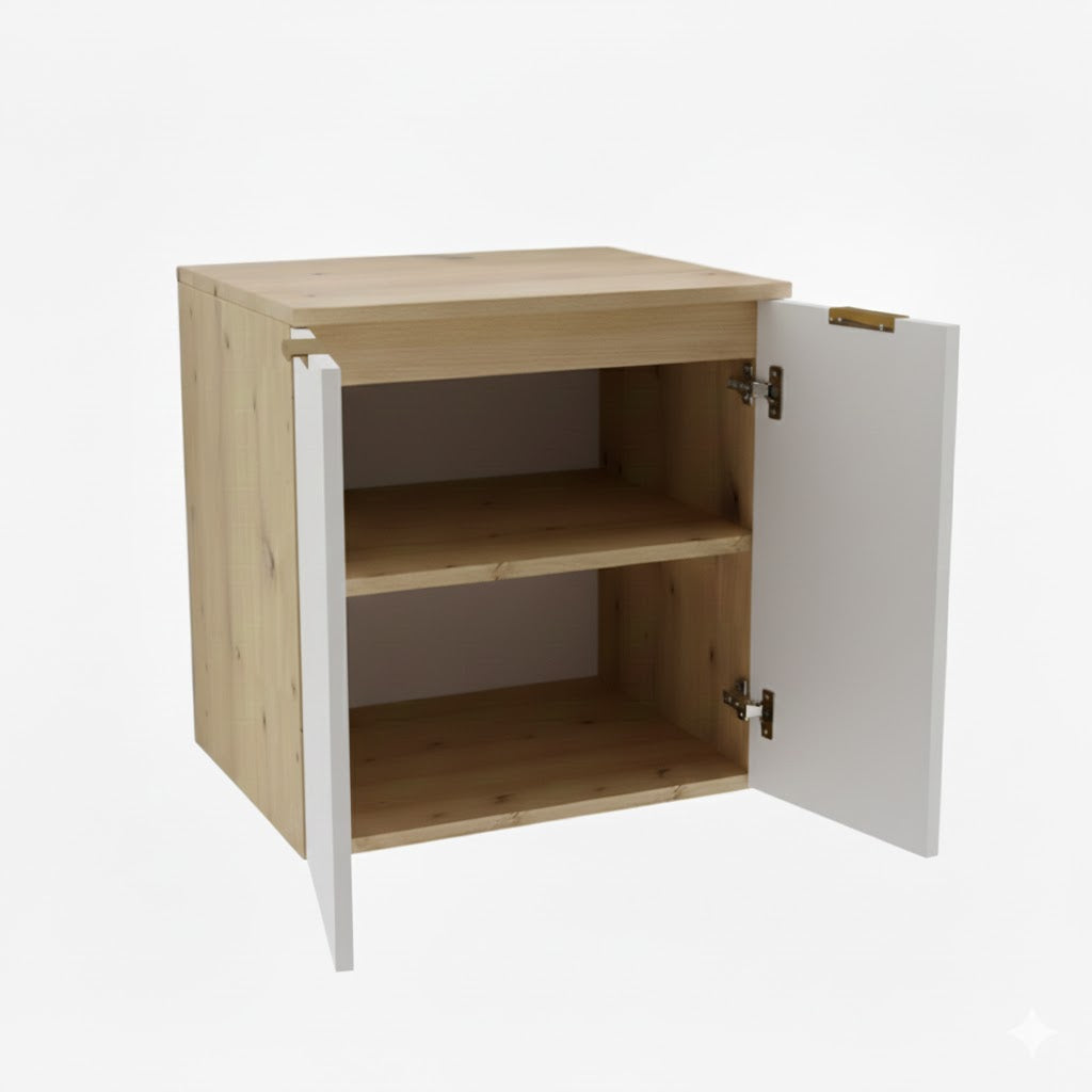 Dulap pentru lavoar 60 cm cu 2 usi, fronturi netede Orio - Alb/Stejar Artizanal