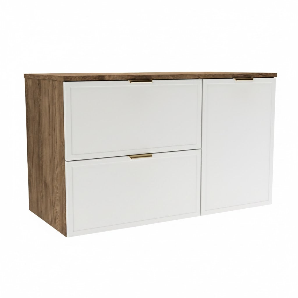 Dulap pentru lavoar 100 cm, cu cos de rufe, fronturi cu rama decorativa Roma - Alb/Nuc inchis