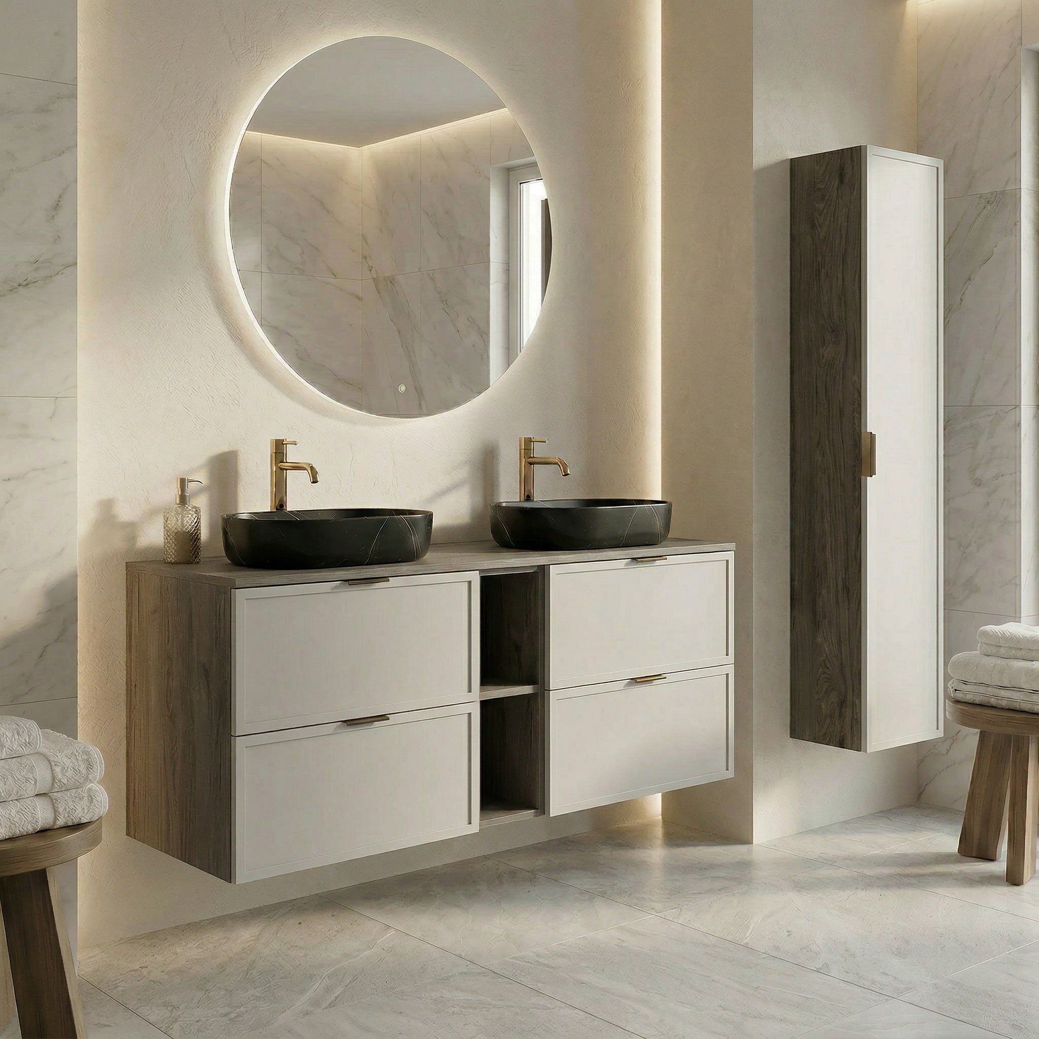 Dulap pentru lavoar 140 cm, cu raft, fronturi cu rama decorativa, 4 sertare Roma - Casmir/Nuc inchis