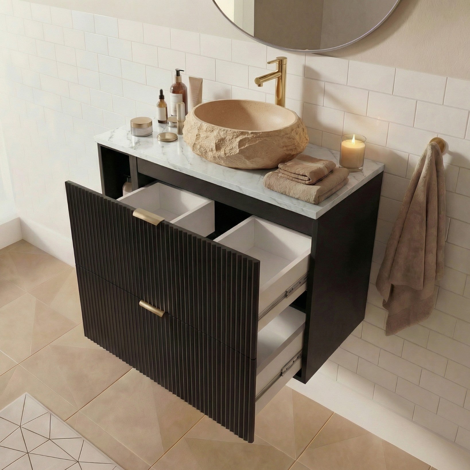 Set de mobilier: Dulap pentru lavoar cu raft 100 cm cu oglindă cu LED-uri Willy - Negru/Marmura Alba top