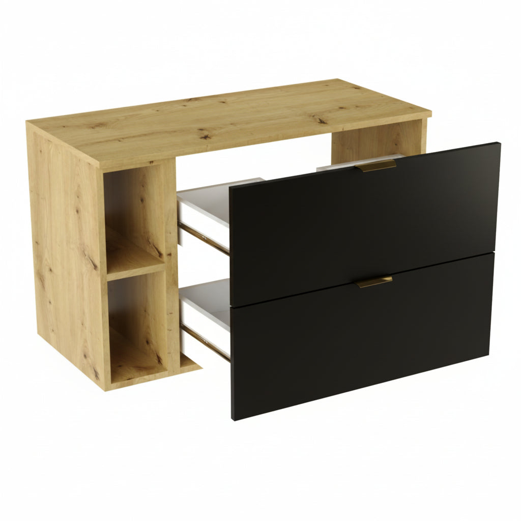 Dulap pentru lavoar 100 cm cu raft, fronturi netede Orio - Negru/Stejar artizanal