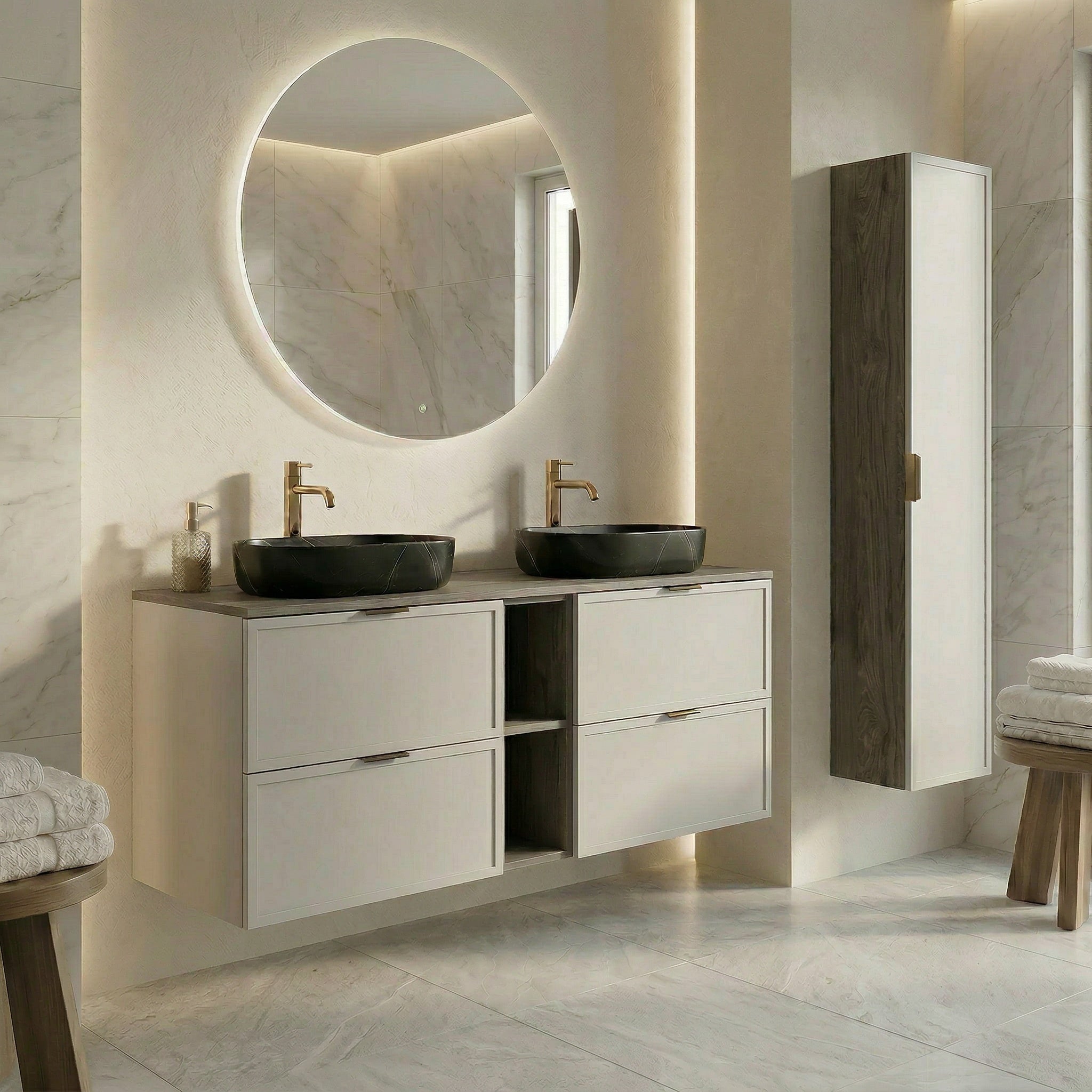 Dulap pentru lavoar 140 cm, cu raft, fronturi cu rama decorativa, 4 sertare Roma - Casmir/Nuc inchis top
