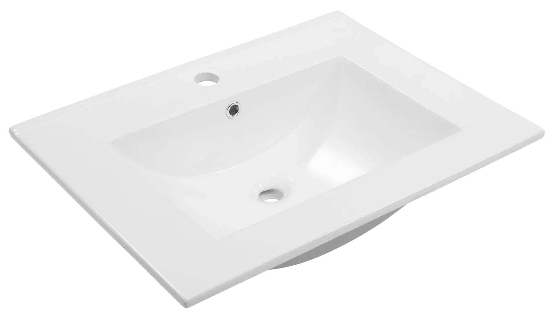 Chiuvetă albă de 60 cm cu design compact, suprafață netedă și rezistentă, ideală pentru băi mici, modernă și ușor de integrat în diverse stiluri.