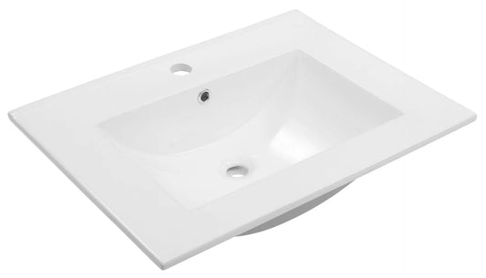 Chiuvetă albă de 60 cm cu design compact, suprafață netedă și rezistentă, ideală pentru băi mici, modernă și ușor de integrat în diverse stiluri.