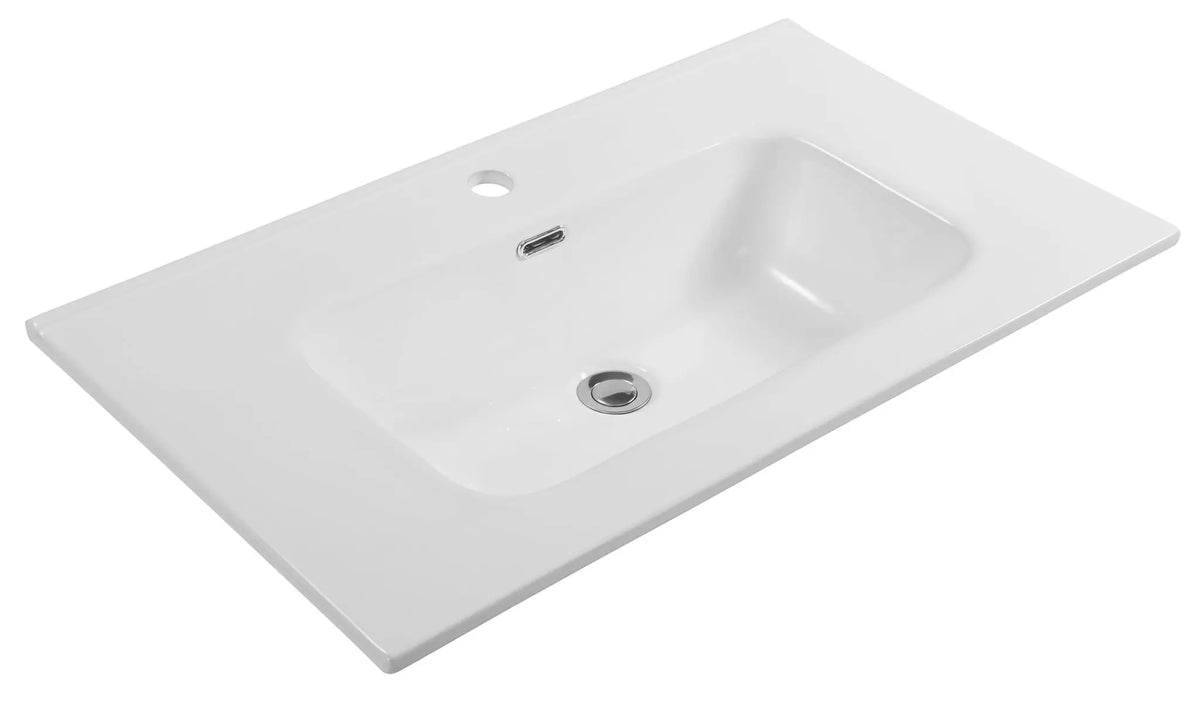 Chiuvetă albă de 80 cm cu design modern, suprafață ușor de curățat și compatibilitate perfectă cu dulapurile pentru lavoar, ideală pentru băi elegante.