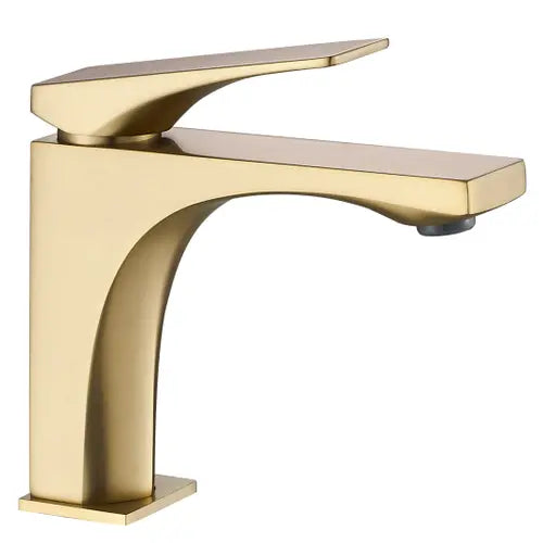 Baterie joasă pentru chiuvetă Joe, auriu periat, din alamă, cu design modern și finisaj elegant pentru baie.