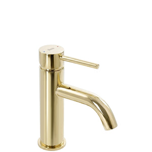 Baterie joasă pentru chiuvetă Lungo aurie din alamă, finisaj PVD rezistent, pipă fixă, design modern pentru lavoare pe blat.