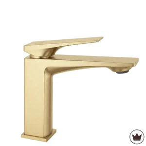 Baterie joasă pentru chiuvetă Prime, auriu periat PVD, din alamă, cu design modern pentru chiuvete clasice și încastrate.