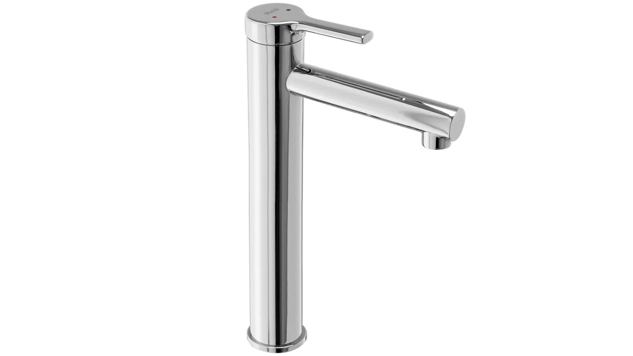 Baterie înaltă pentru chiuvetă Pixel cromată din alamă, montaj pe blat, design modern cu pipă fixă și aerator.
