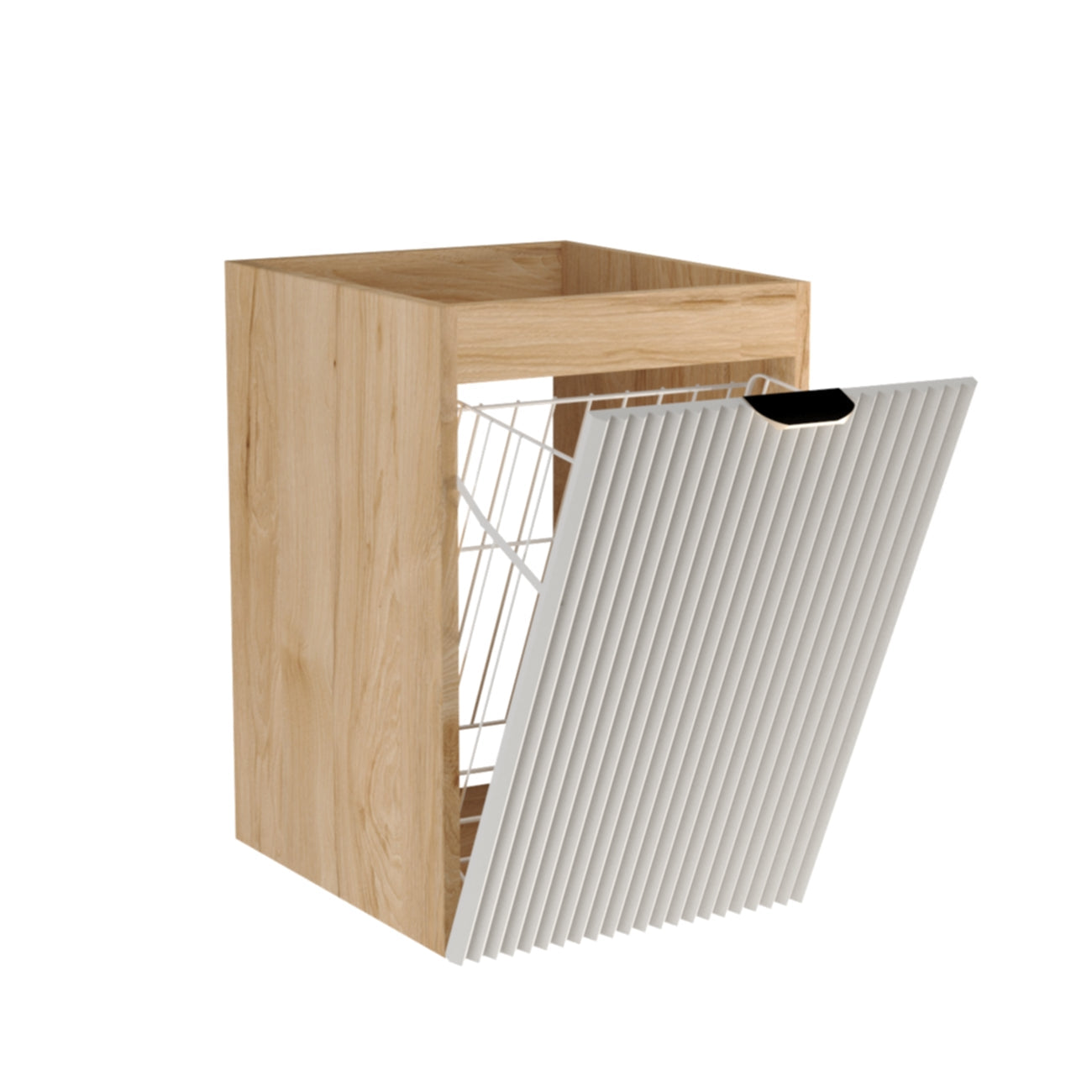 Dulap de baie Willy 40 cm alb/nuc cu coș de rufe integrat, front alb și corp decor lemn.