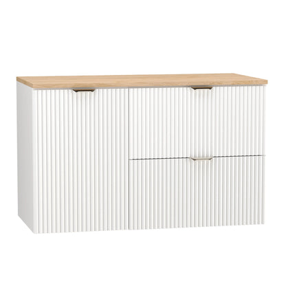 Dulap pentru lavoar 100 cm, cu cos de rufe, fronturi canelate Willy - Alb, Nuc top