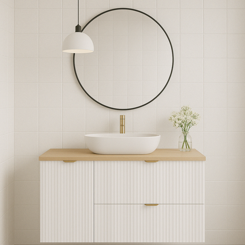 Dulap pentru lavoar 100 cm, cu cos de rufe, fronturi canelate Willy - Alb, Nuc top