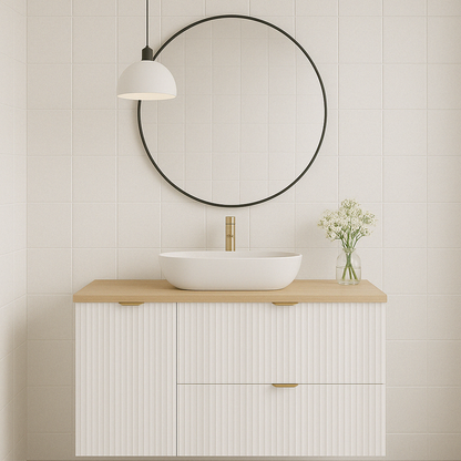 Dulap pentru lavoar 100 cm, cu cos de rufe, fronturi canelate Willy - Alb, Nuc top