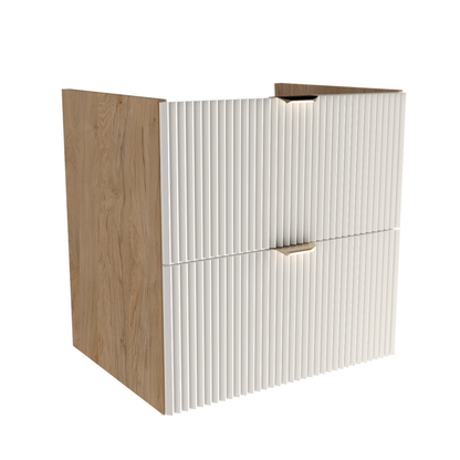 Dulap pentru lavoar 60 cm Willy alb/nuc, cu 2 sertare Soft-Close și fronturi striate, corp decor nuc, mânere aurii sau negre, livrat fără blat/lavoar.