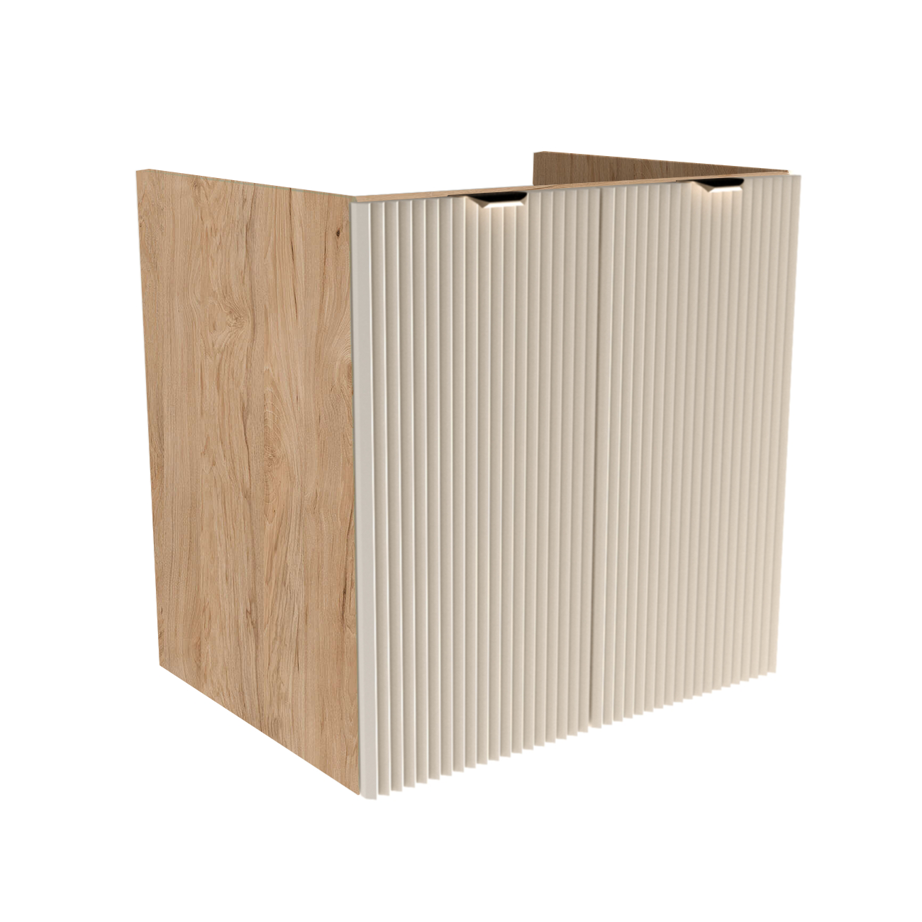 Dulap pentru lavoar 60 cm Willy Casmir/Nuc, cu 2 uși striate și raft interior, mânere aurii sau negre, livrat fără blat, ideal pentru băi elegante și moderne.