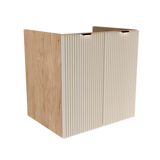 Dulap pentru lavoar 60 cm Willy Casmir/Nuc, cu 2 uși striate și raft interior, mânere aurii sau negre, livrat fără blat, ideal pentru băi elegante și moderne.