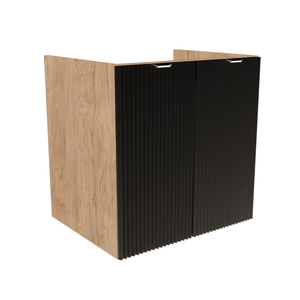 Dulap pentru lavoar 60 cm Willy negru/nuc, cu 2 uși striate și raft interior, mânere negre, livrat fără blat, ideal pentru băi moderne cu accente de lemn.