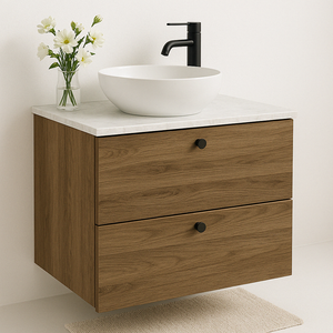 Dulap lavoar 60 cm Nuc Închis cu blat Marmura Albă, 2 sertare SOFT-CLOSE și fronturi netede elegante.