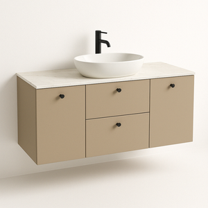 Dulap lavoar 140 cm Cappuccino/Marmur alba cu 2 coșuri de rufe, sertare SOFT-CLOSE și blat elegant cu aspect de marmură.