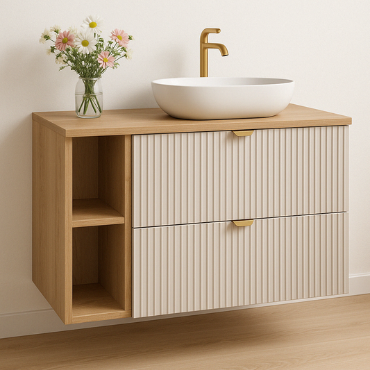 Dulap pentru lavoar Willy 100 cm Cașmir cu blat din nuc și raft – mobilier modern, elegant și spațios pentru baie.