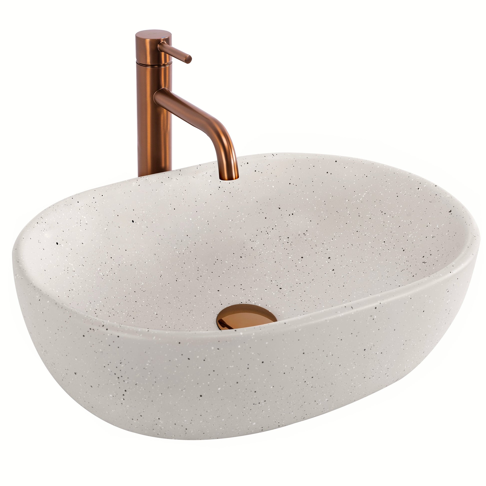 Chiuvetă de blat Amelia Sandy din ceramică sanitară, finisaj mat cu aspect de piatră naturală, formă ovală elegantă, fără orificiu pentru baterie.