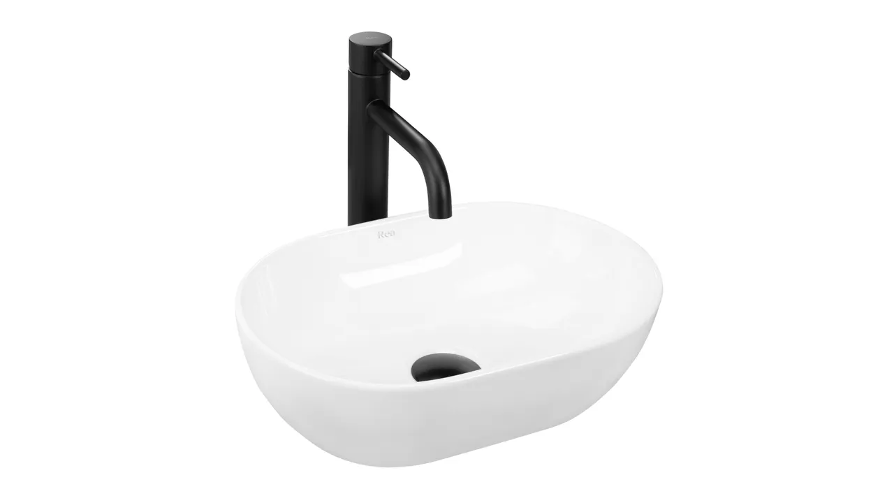 Chiuvetă de blat Amelia Mini 38 cm din ceramică sanitară alb lucios, design compact și modern, fără orificiu pentru baterie.