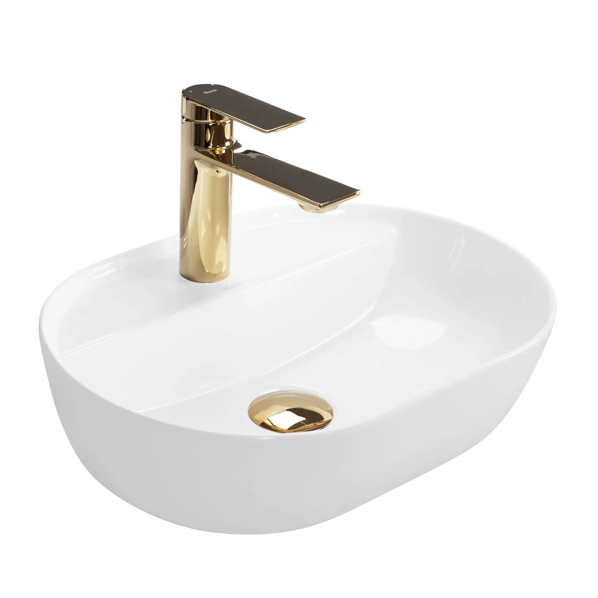 Chiuvetă de blat Aura 42 cm din ceramică sanitară alb lucios, formă ovală elegantă, cu orificiu pentru baterie și design minimalist.