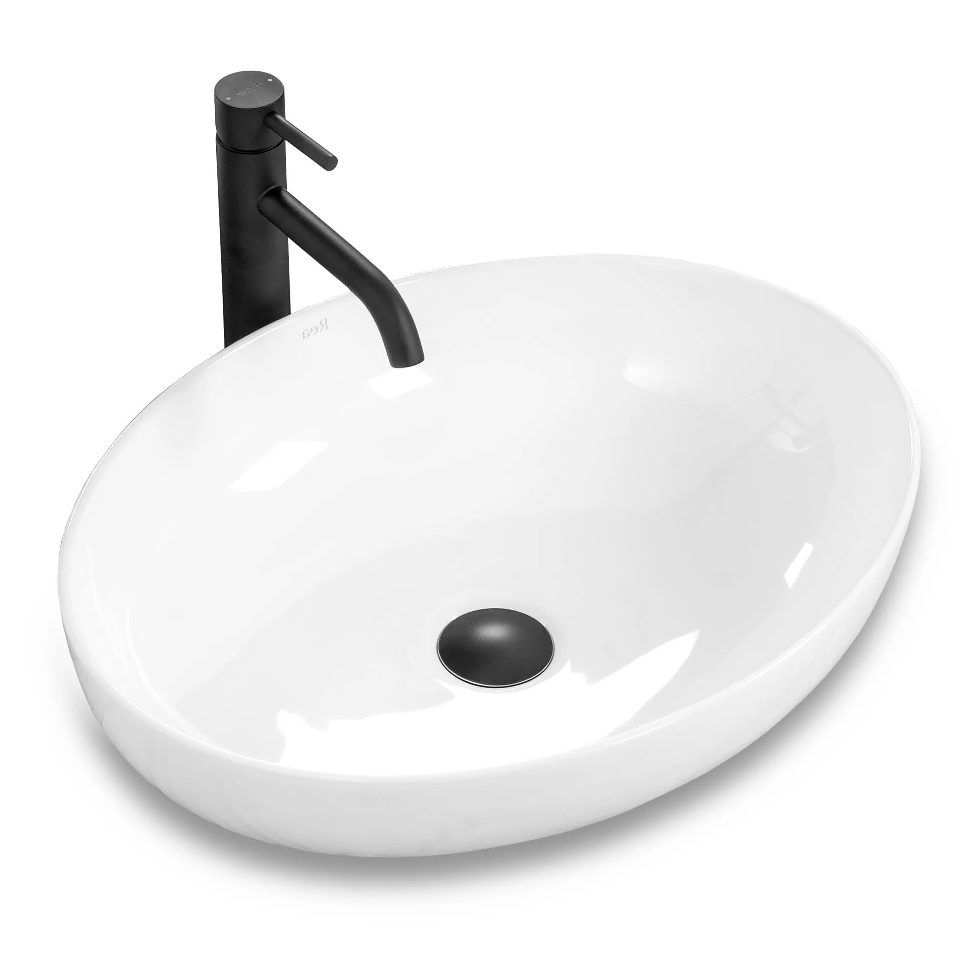 Chiuvetă de blat Carola 50 cm din ceramică sanitară alb lucios, formă ovală elegantă, cu margini subțiri, fără orificiu pentru baterie.