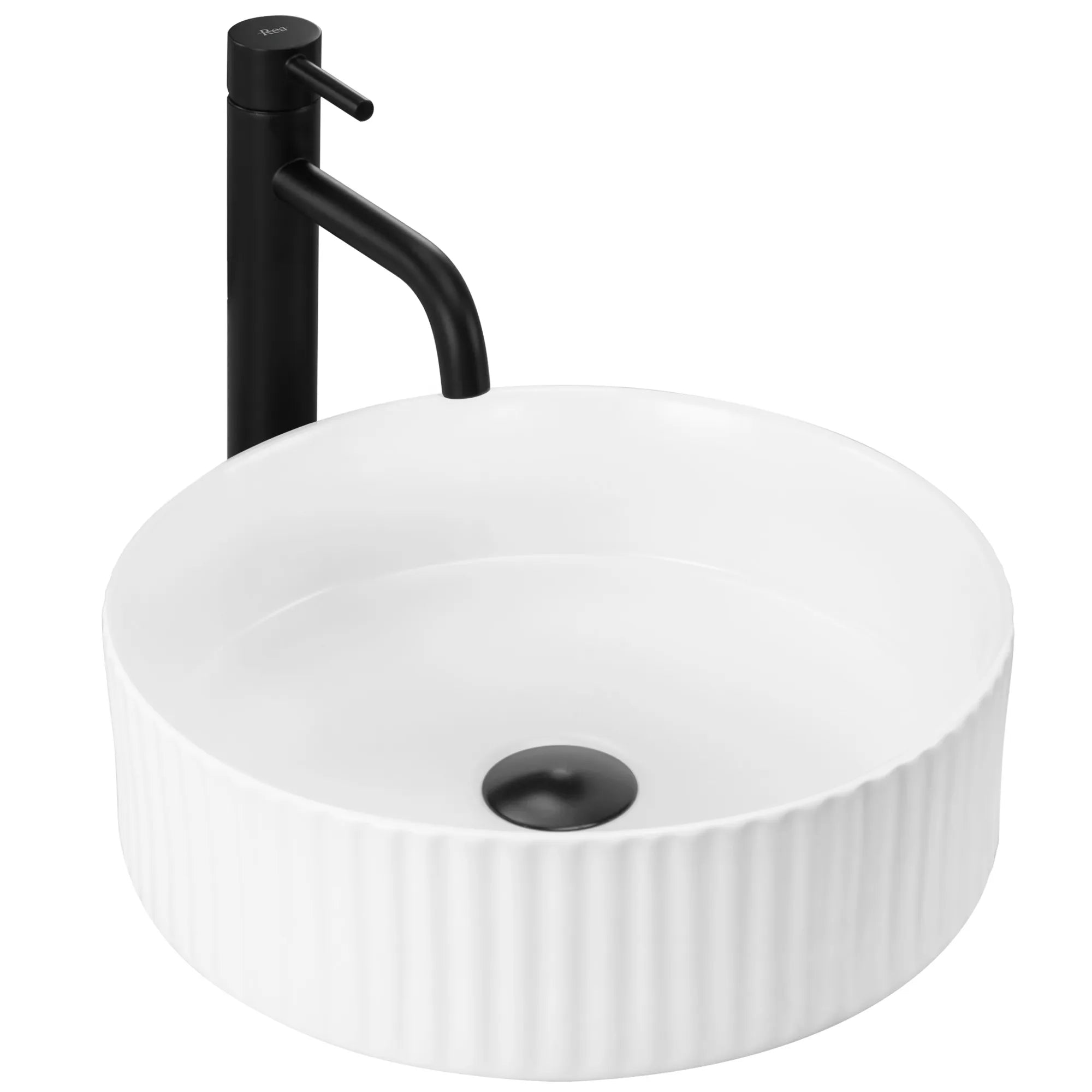 Chiuvetă de blat Delia 36 cm din ceramică sanitară alb lucios, design compact cu exterior canelat, fără orificiu pentru baterie.