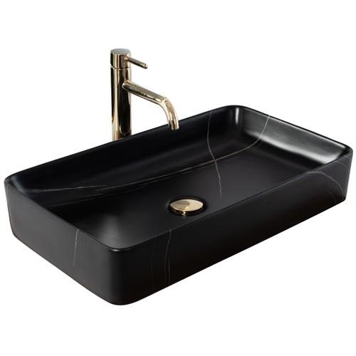 Chiuvetă de blat Denis 60 cm din ceramică sanitară negru mat Black Stone, design dreptunghiular modern cu efect de piatră naturală.