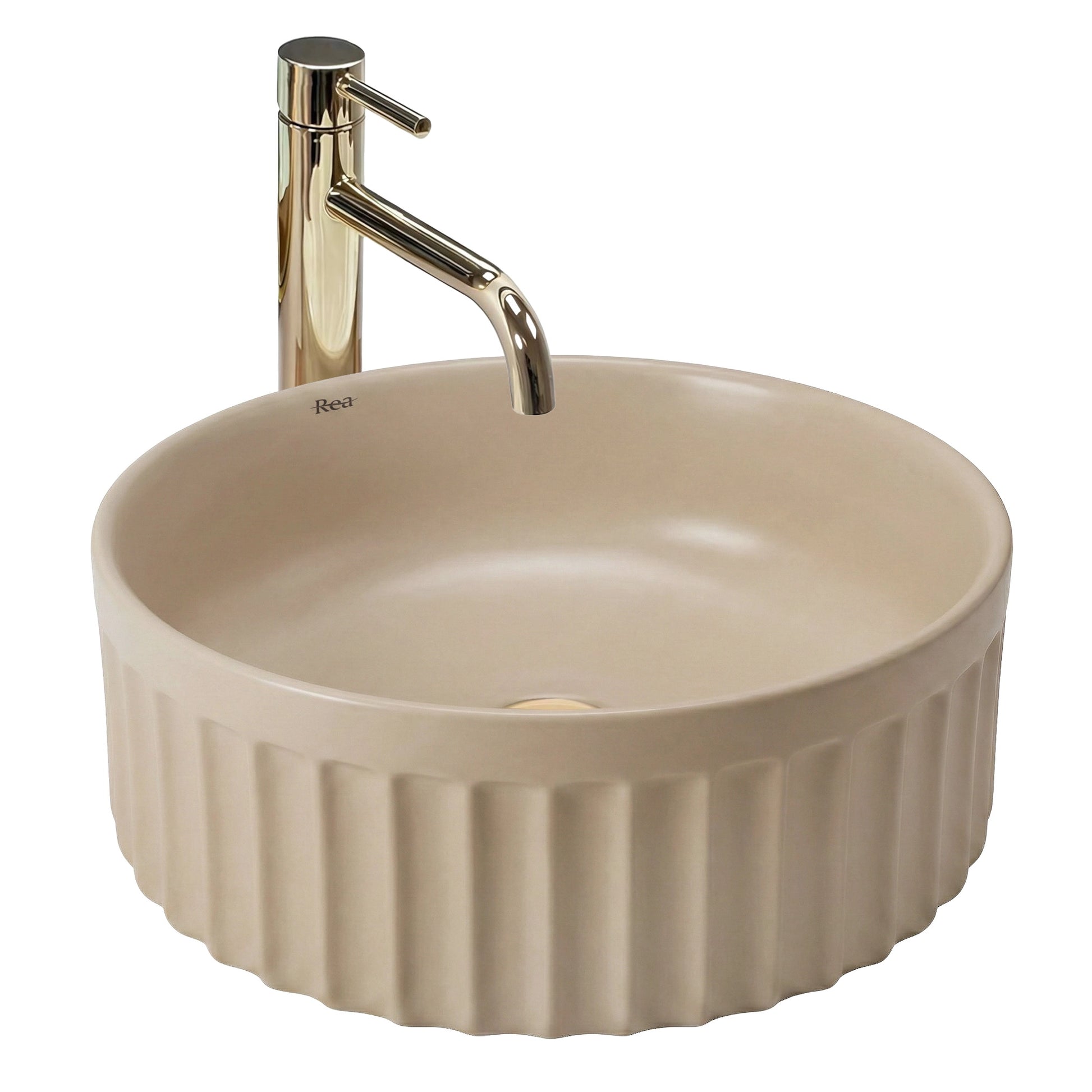 Chiuvetă de blat Duo 38 cm Caffe Latte Matt din ceramică sanitară, finisaj mat bej, formă rotundă cu suprafață exterioară striată.