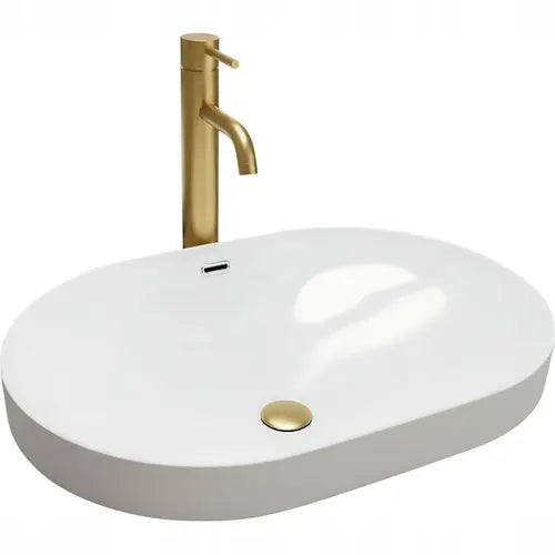 Chiuvetă de blat Duo 59 cm Basaro Terra din ceramică sanitară alb lucios, formă ovală elegantă, cu orificiu de preaplin.