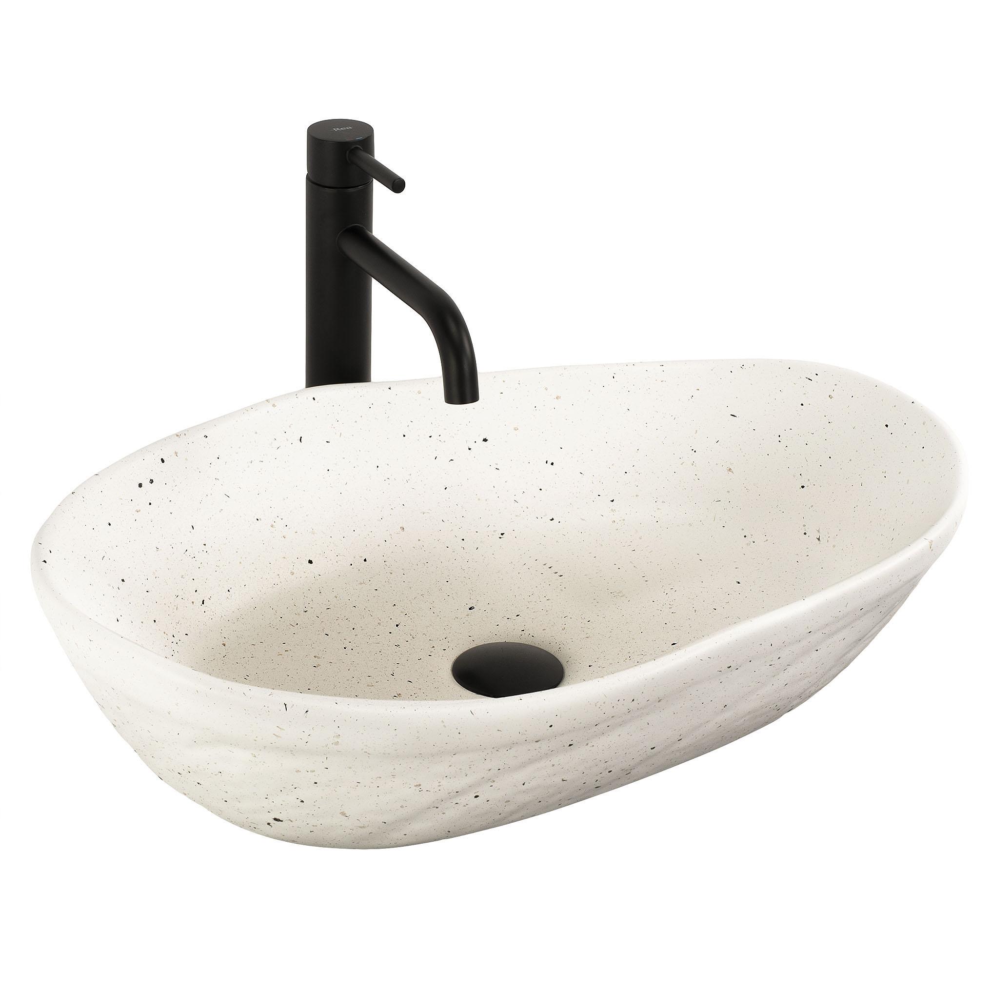 Chiuvetă de blat Emilia 56 cm Grid din ceramică sanitară alb lucios, design dreptunghiular cu suprafață exterioară decorativă geometrică.